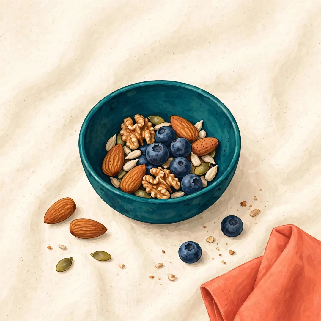 A small bowl holding one modest handful of nuts, seeds and blueberries