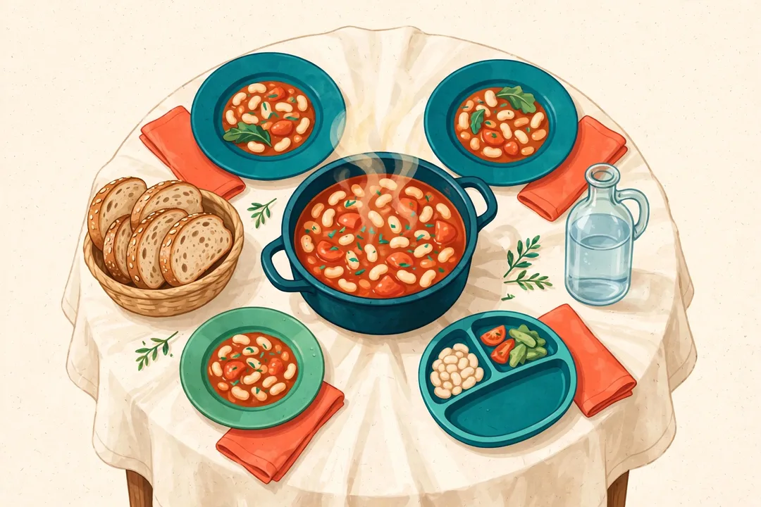 A painted family table with one shared pot