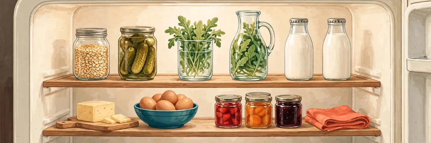 A painted open fridge with stocked wooden shelves