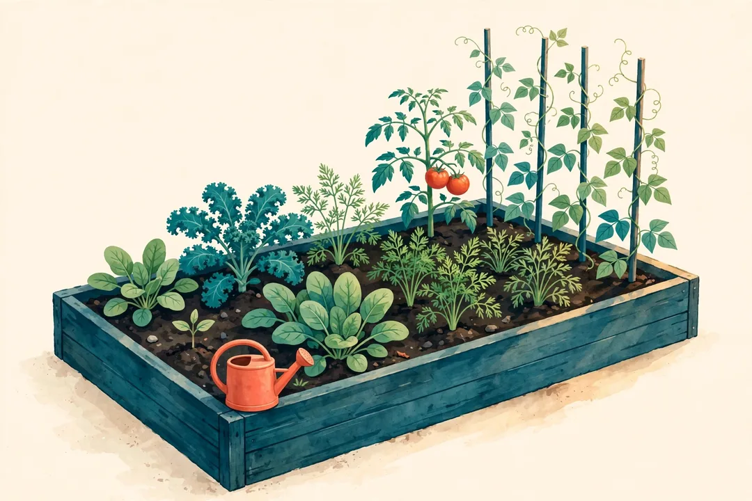 A painted garden bed of vegetables