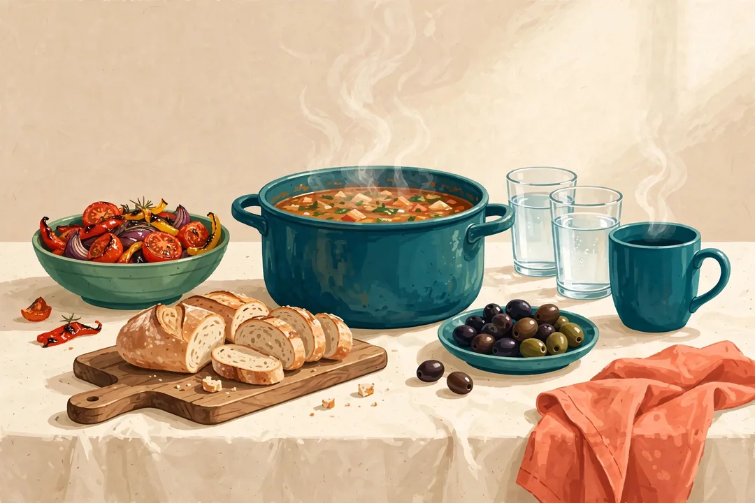 A shared table painted in gouache: a steaming pot, roasted vegetables, bread and olives