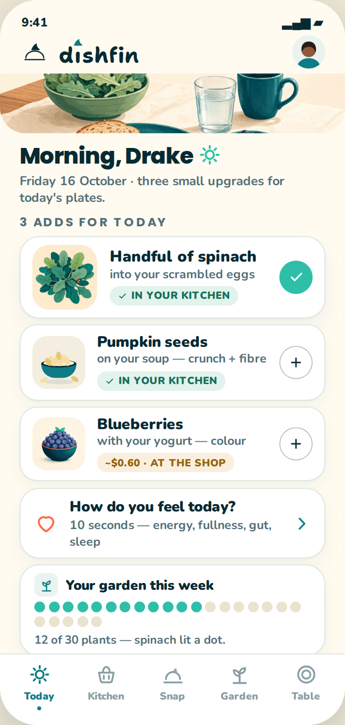 Dishfin's Today screen in the app